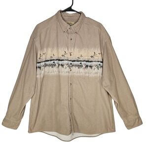 Cabelas Chamois Button Down Shirt XL Tan Duck Dog Print Outdoors Hunting Flannel